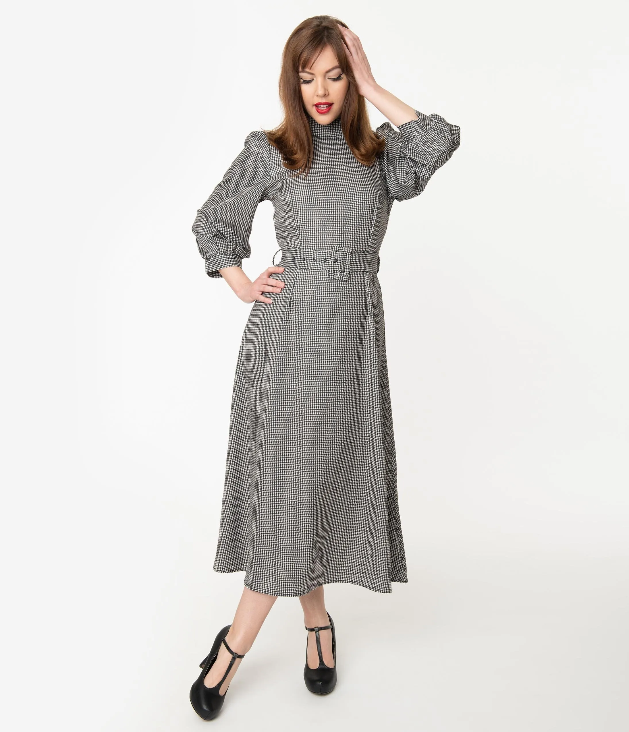 Black & White Houndstooth Long Sleeve Midi Dress