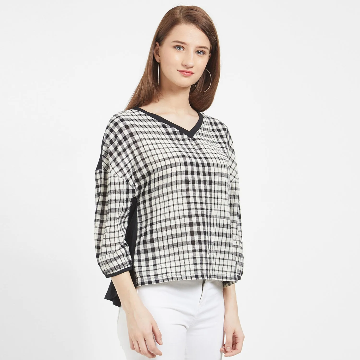 Black Checkered Drop Shoulder Top