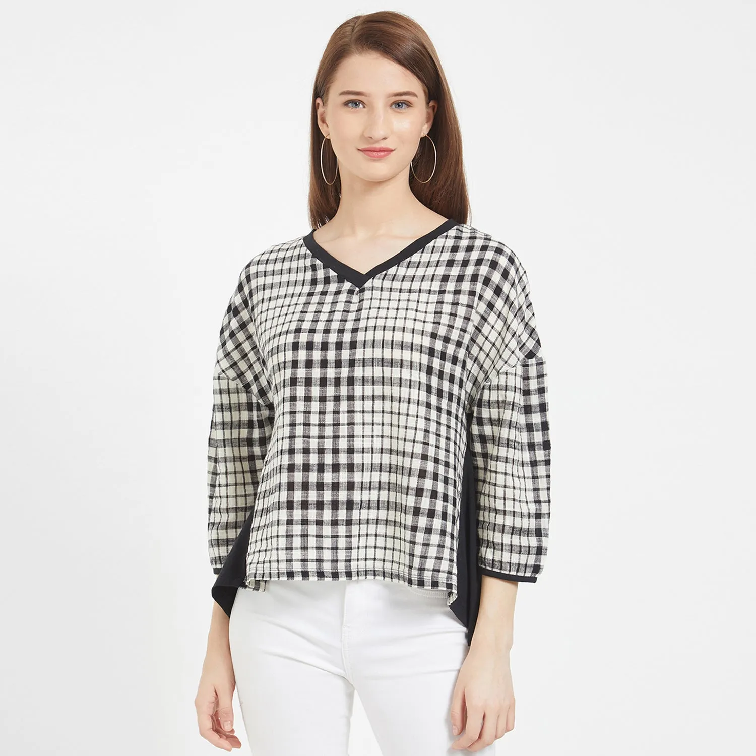 Black Checkered Drop Shoulder Top