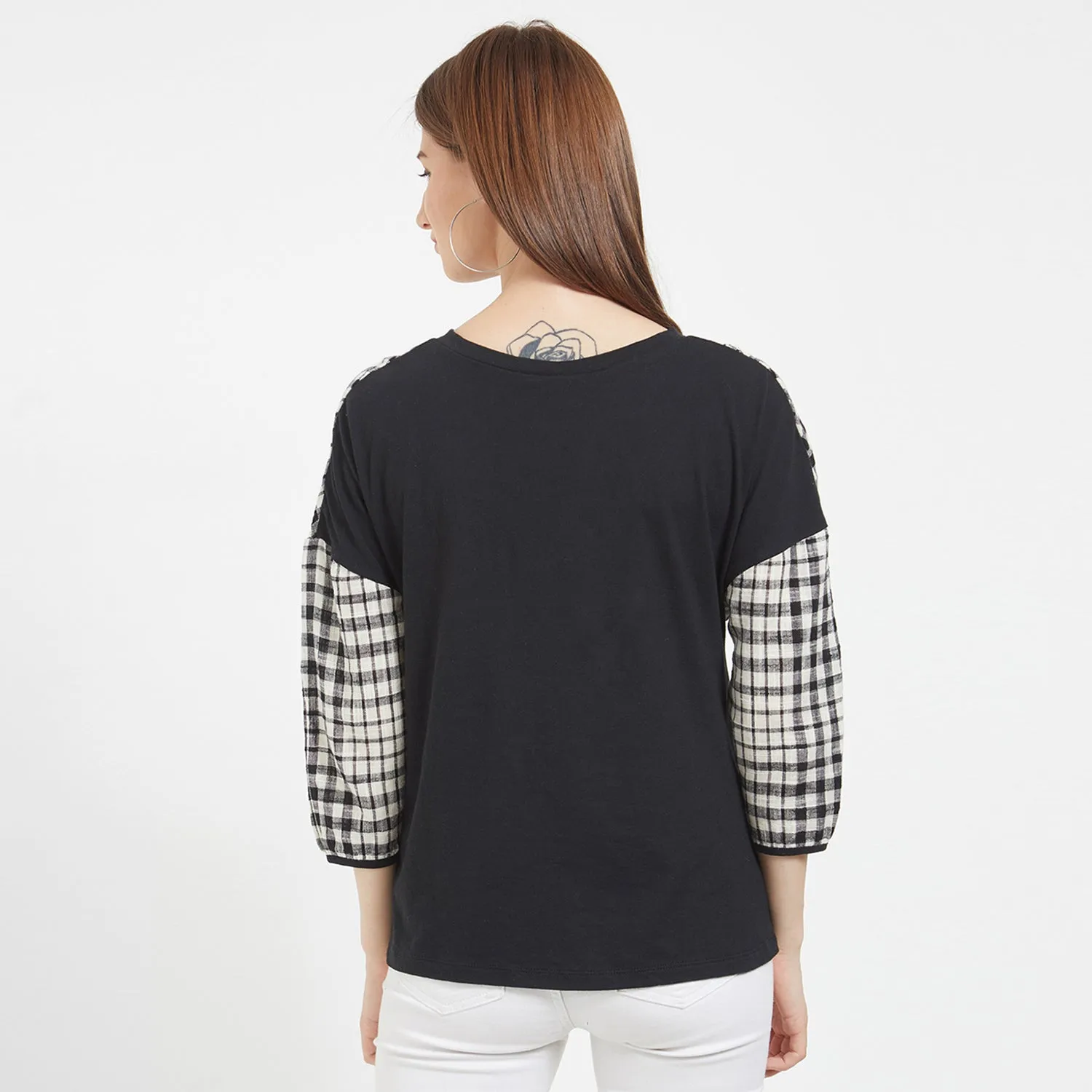 Black Checkered Drop Shoulder Top