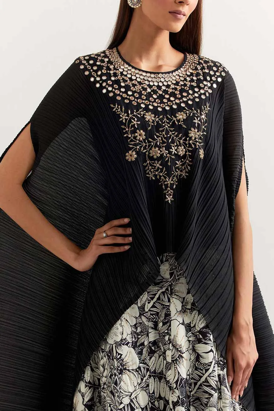 Black Embroidered Crinkled Cape With Printed Skirt