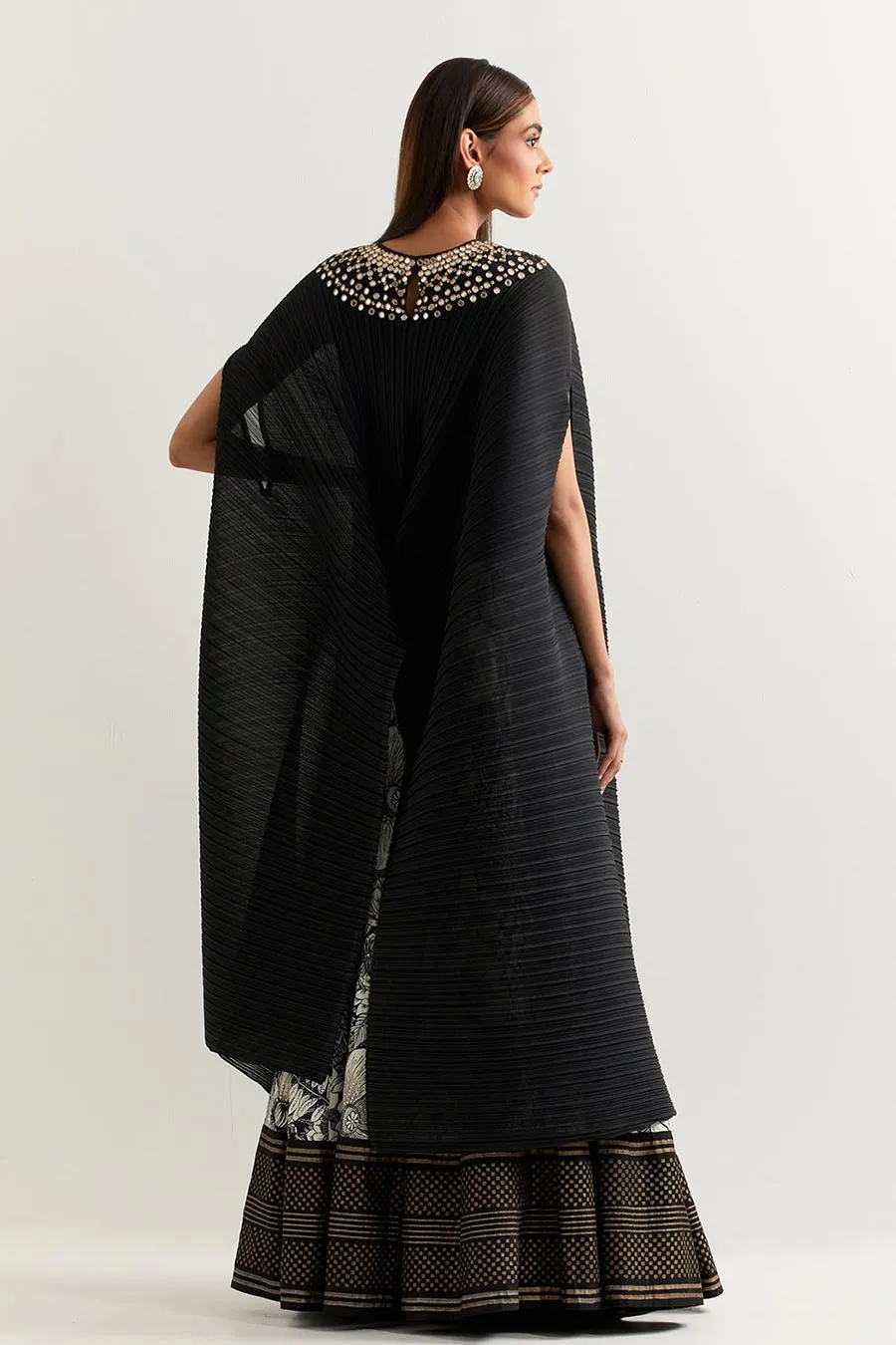 Black Embroidered Crinkled Cape With Printed Skirt