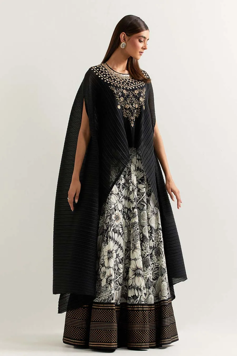 Black Embroidered Crinkled Cape With Printed Skirt