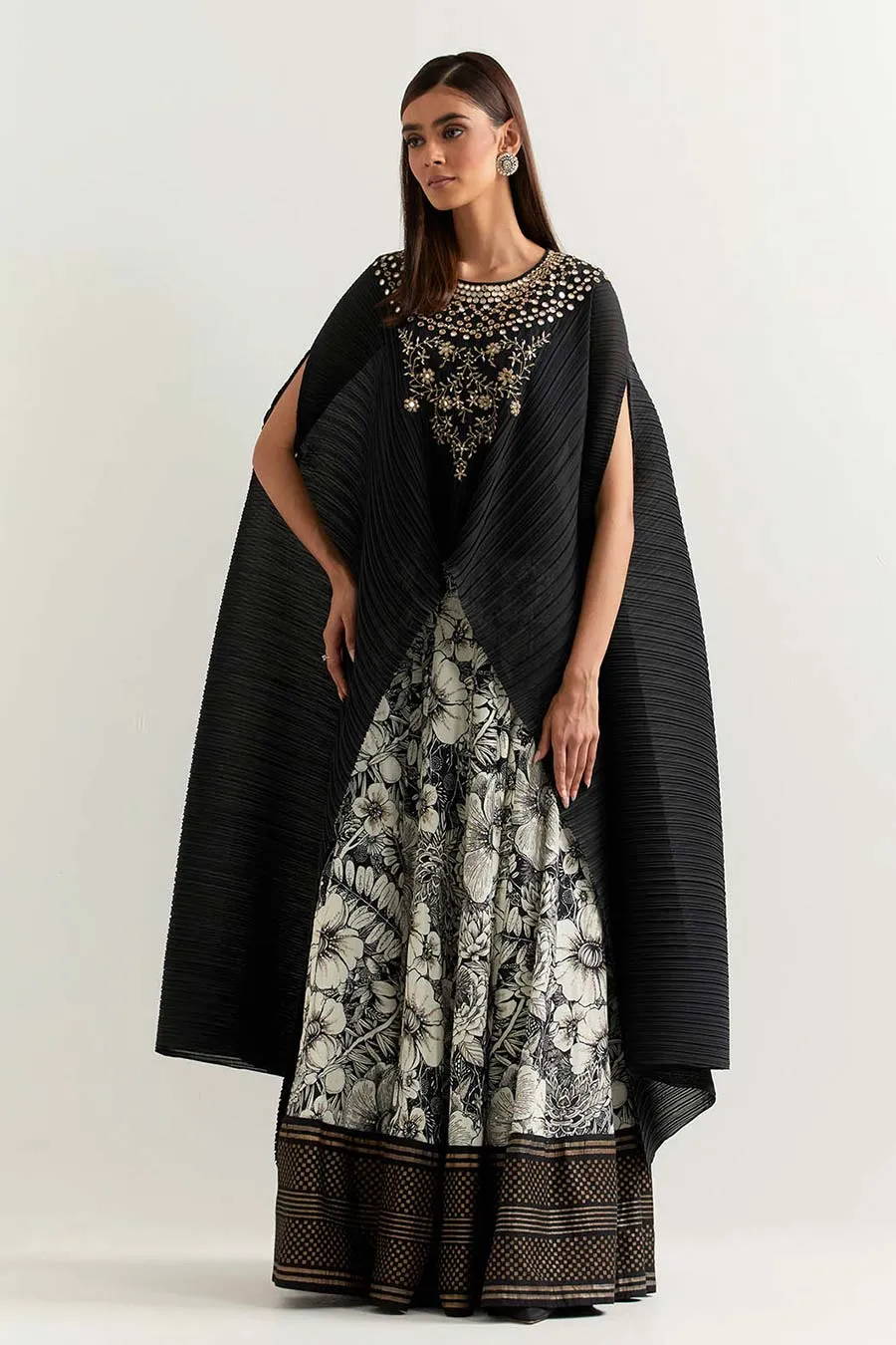 Black Embroidered Crinkled Cape With Printed Skirt