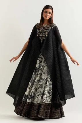 Black Embroidered Crinkled Cape With Printed Skirt