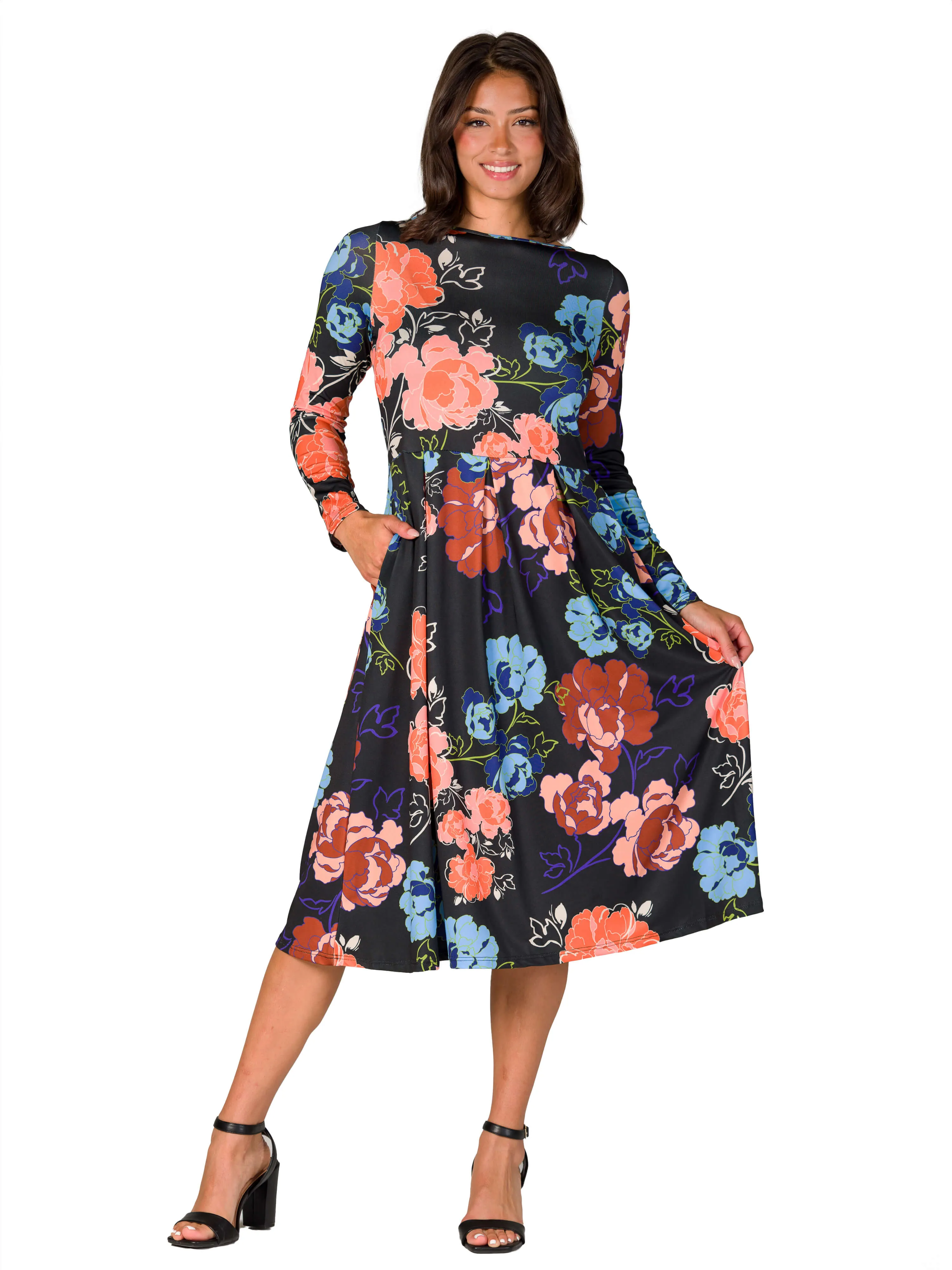 Black Floral Midi Length Long Sleeve Pocket Dress