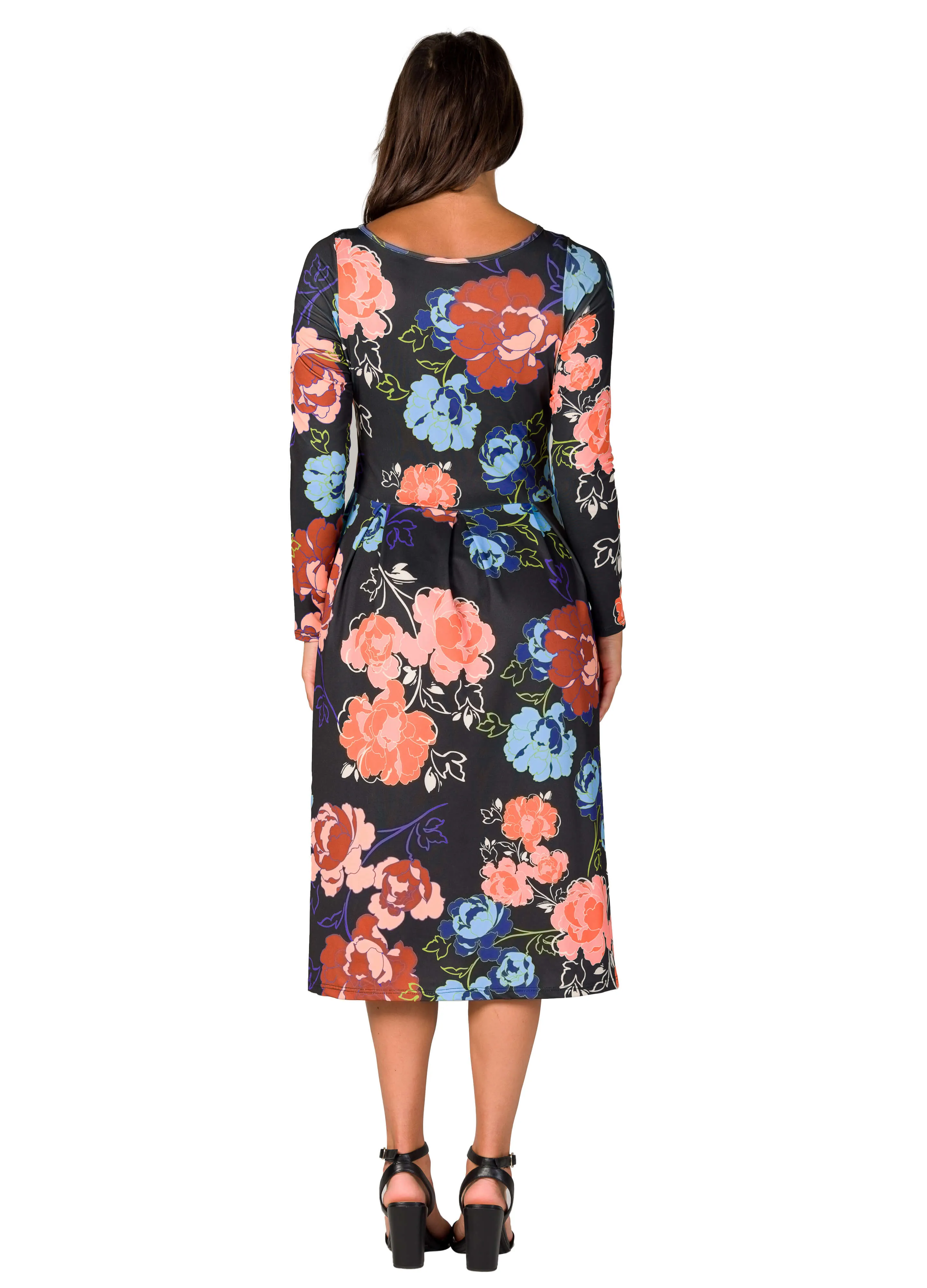 Black Floral Midi Length Long Sleeve Pocket Dress