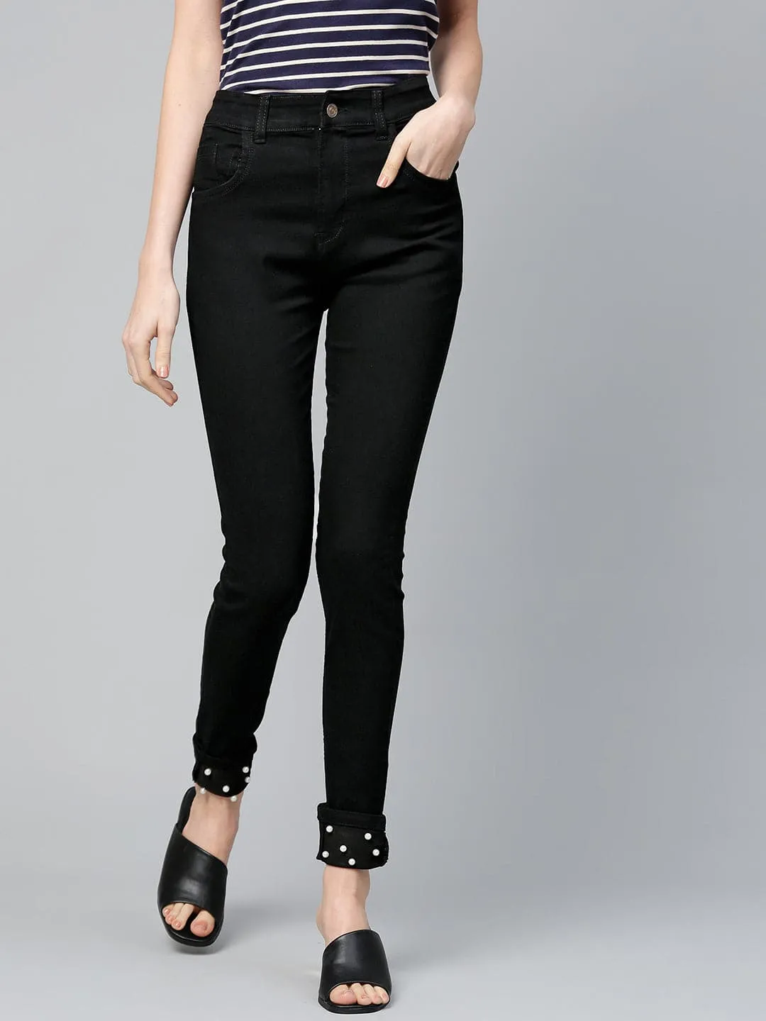 Black Pearl Studded Hem Jeans