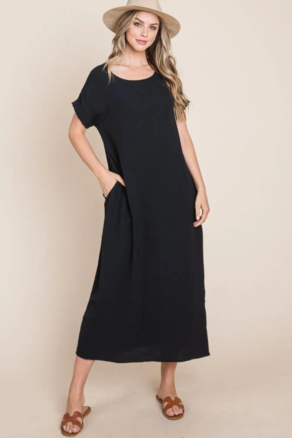 Black Round Neck Short Sleeve Midi Dress with Pockets