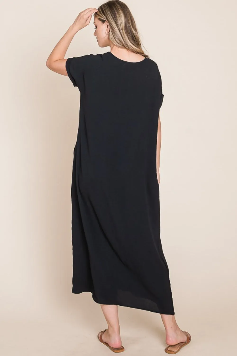 Black Round Neck Short Sleeve Midi Dress with Pockets