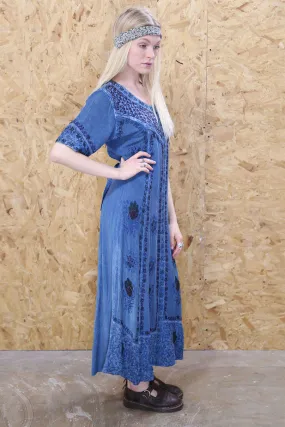 Blue Embroidered Boho Maxi Dress