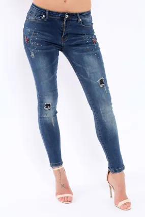 Blue Jewelled and Distressed Jeans - Kasi