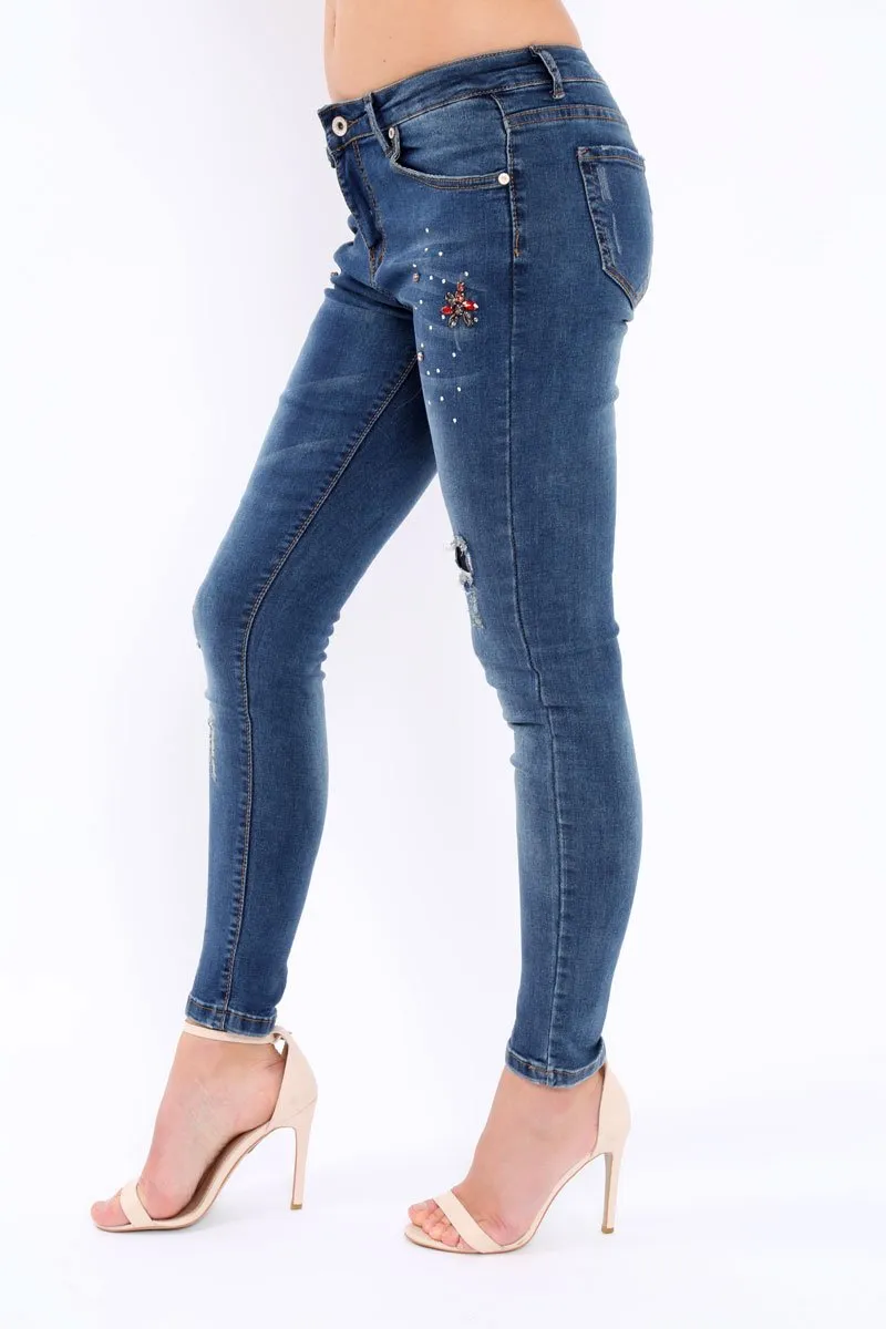 Blue Jewelled and Distressed Jeans - Kasi