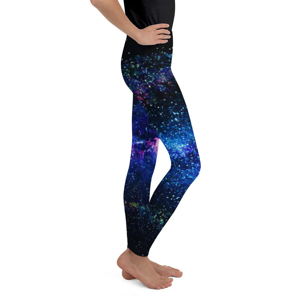 Blue Purple Galaxy Space Abstract Print Premium Cute Youth Leggings- Made in USA/ EU