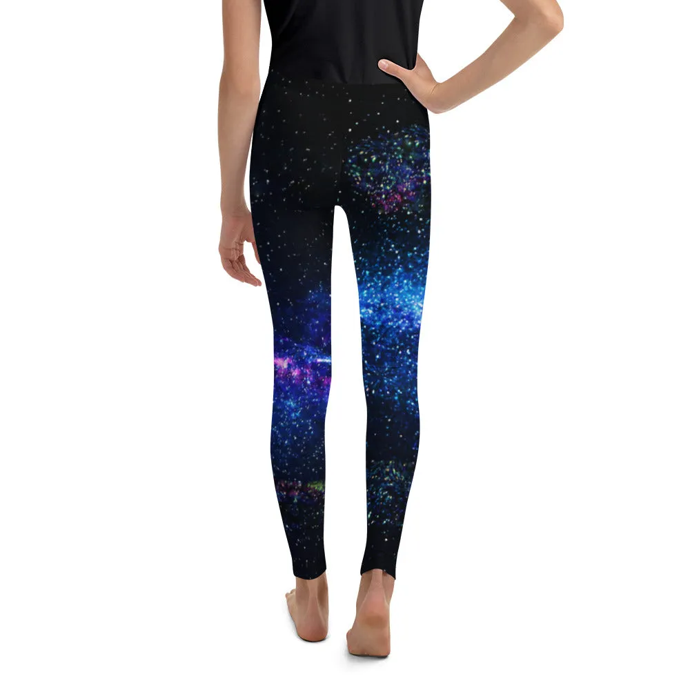 Blue Purple Galaxy Space Abstract Print Premium Cute Youth Leggings- Made in USA/ EU