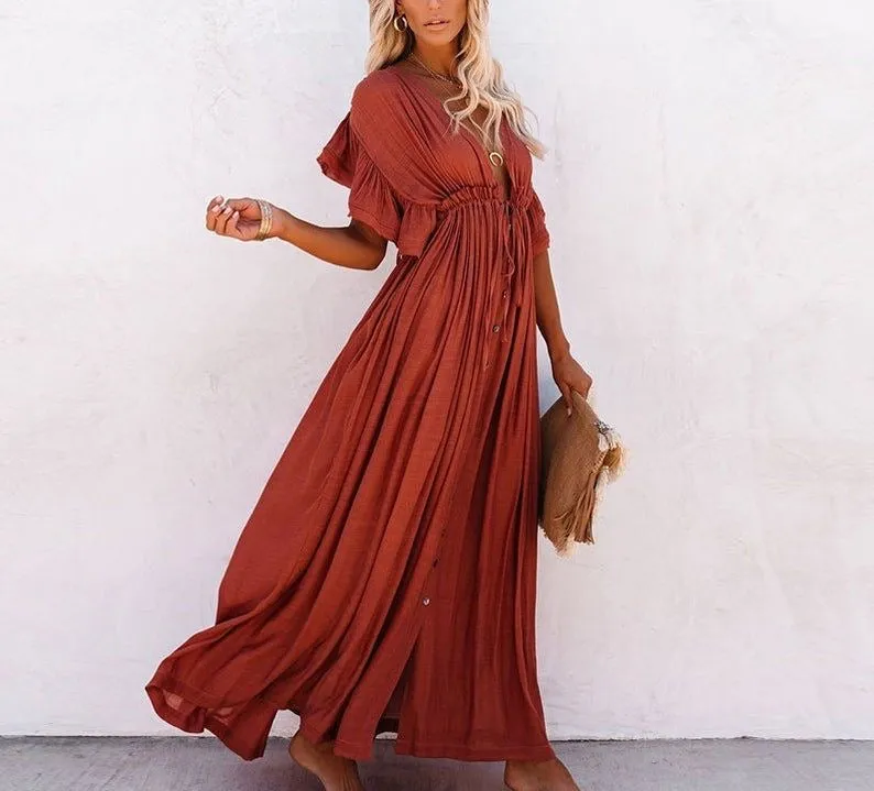 Boho Linen Maxi Summer Dress