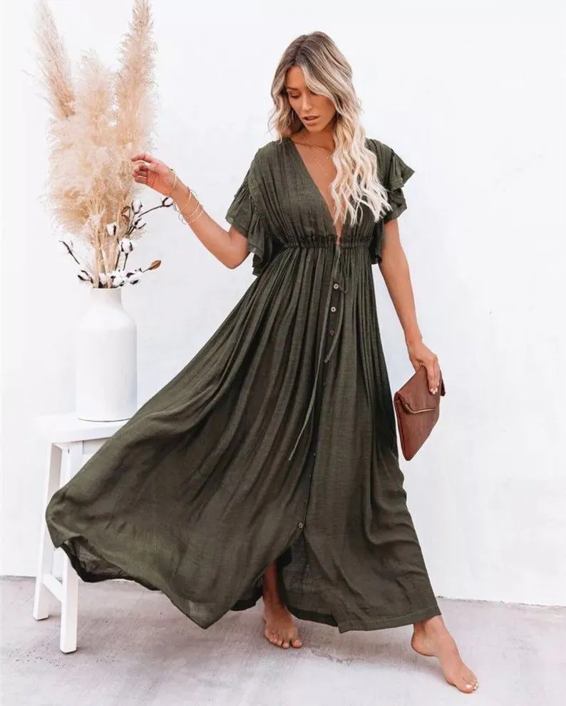 Boho Linen Maxi Summer Dress