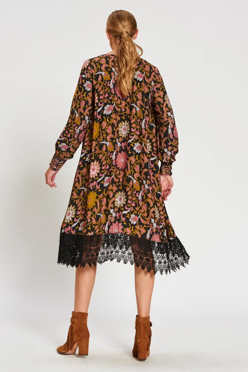 Boho Vintage Floral V-neck Lace-up Lace Loose Midi Dress