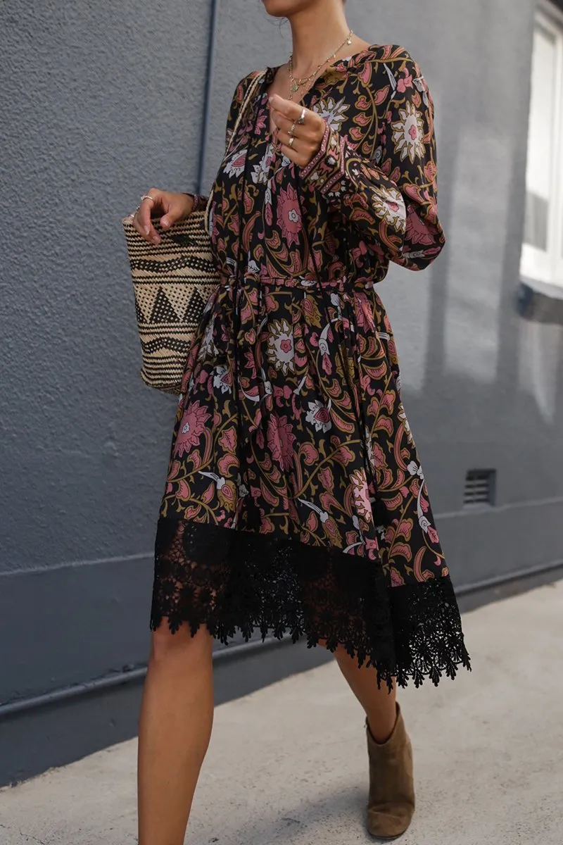 Boho Vintage Floral V-neck Lace-up Lace Loose Midi Dress