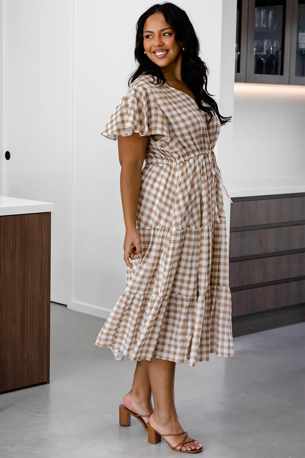 Bonnie Midi Dress Gingham Print Latte