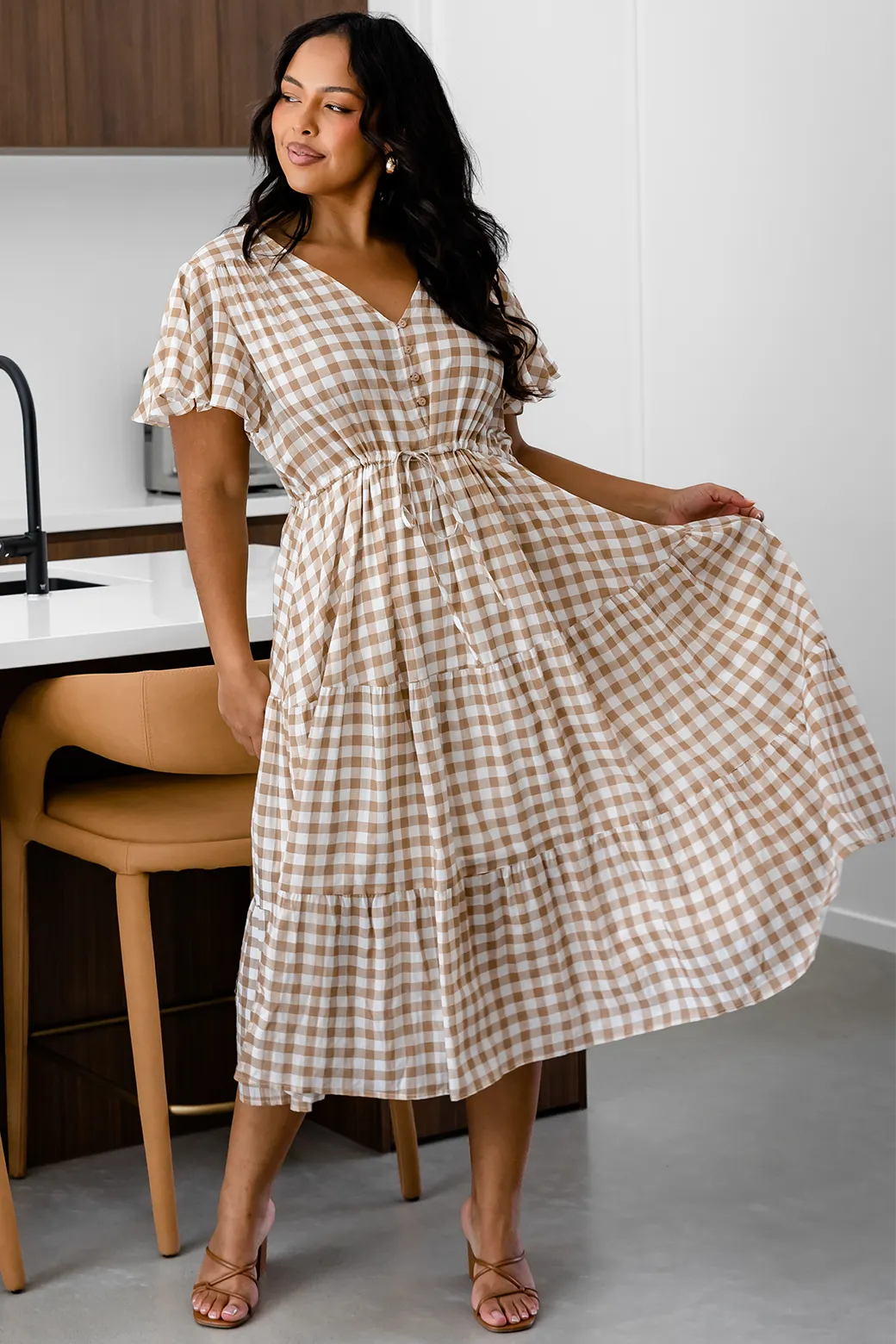 Bonnie Midi Dress Gingham Print Latte