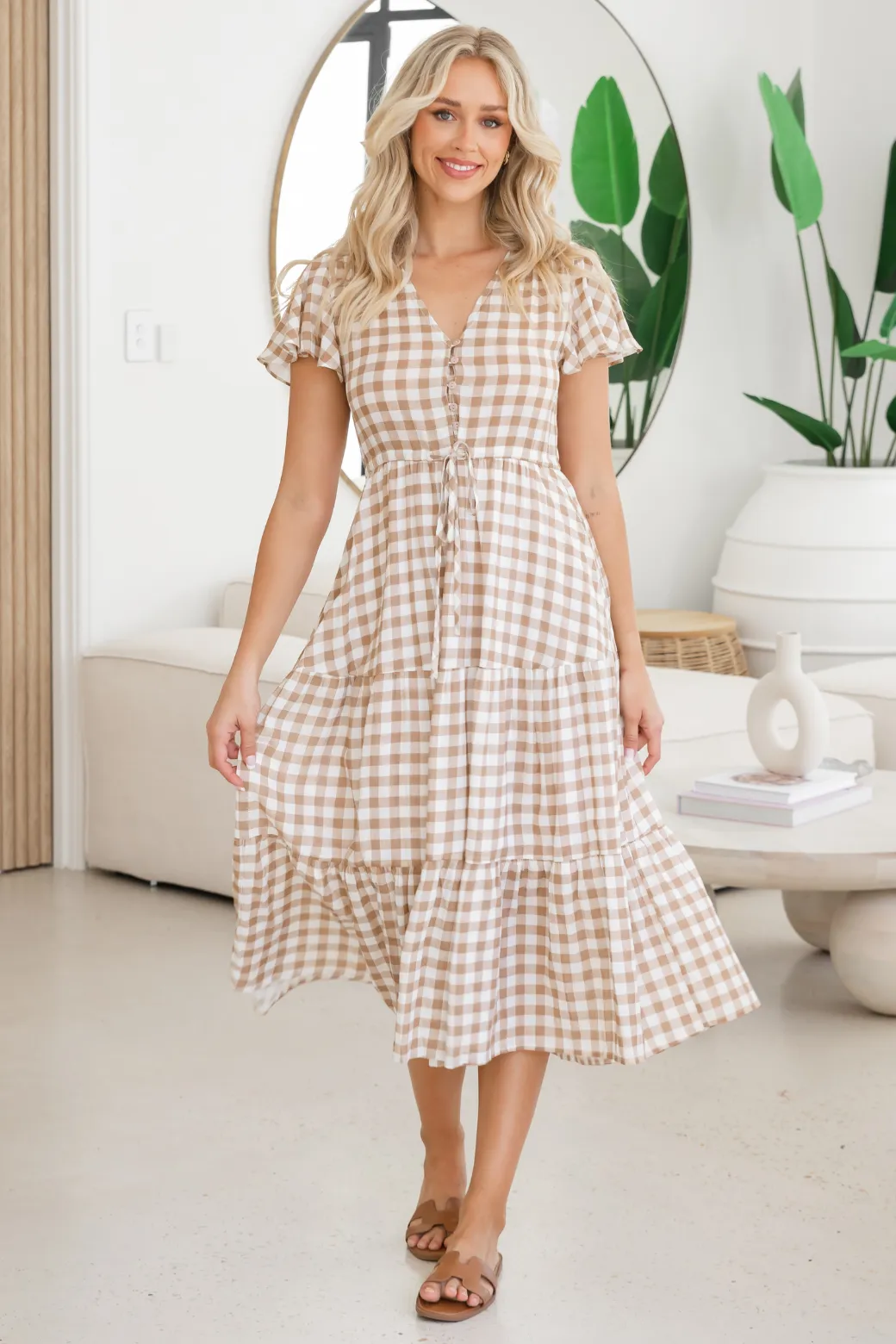 Bonnie Midi Dress Gingham Print Latte