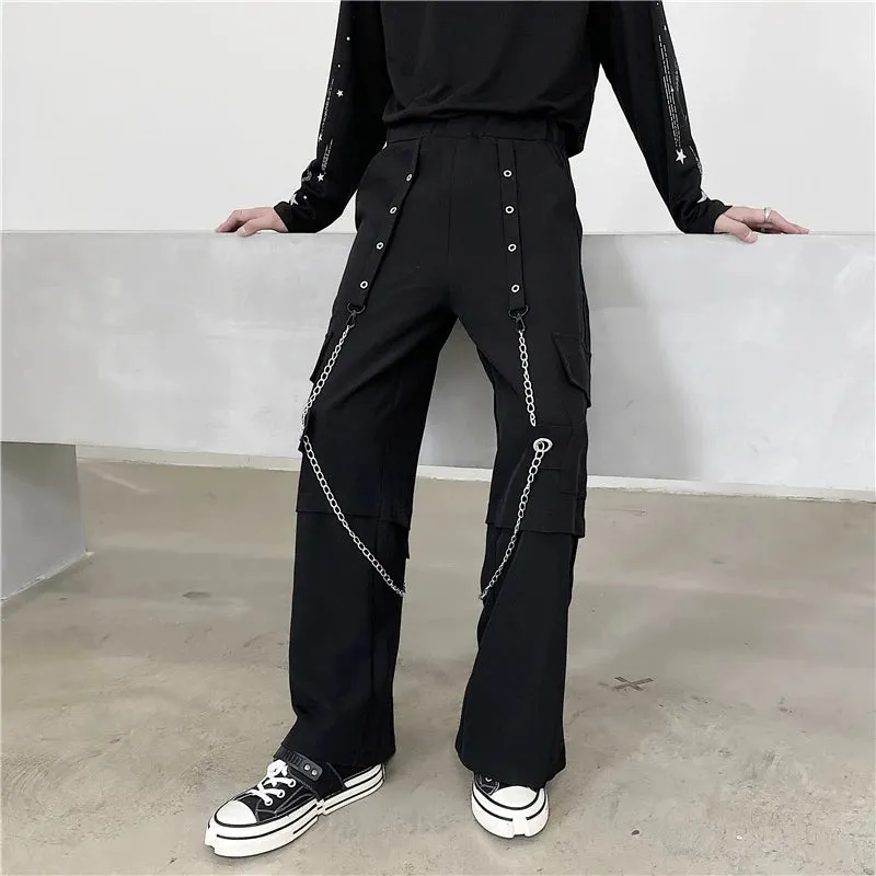 BONSIR  -  Men Autumn New Fashion Wide Leg Pants Both Metal Chain Decor Big Pockets Elastic Overalls Mens Loose Casual Streetwear Trousers