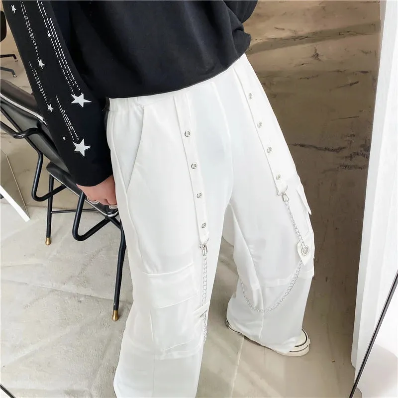 BONSIR  -  Men Autumn New Fashion Wide Leg Pants Both Metal Chain Decor Big Pockets Elastic Overalls Mens Loose Casual Streetwear Trousers