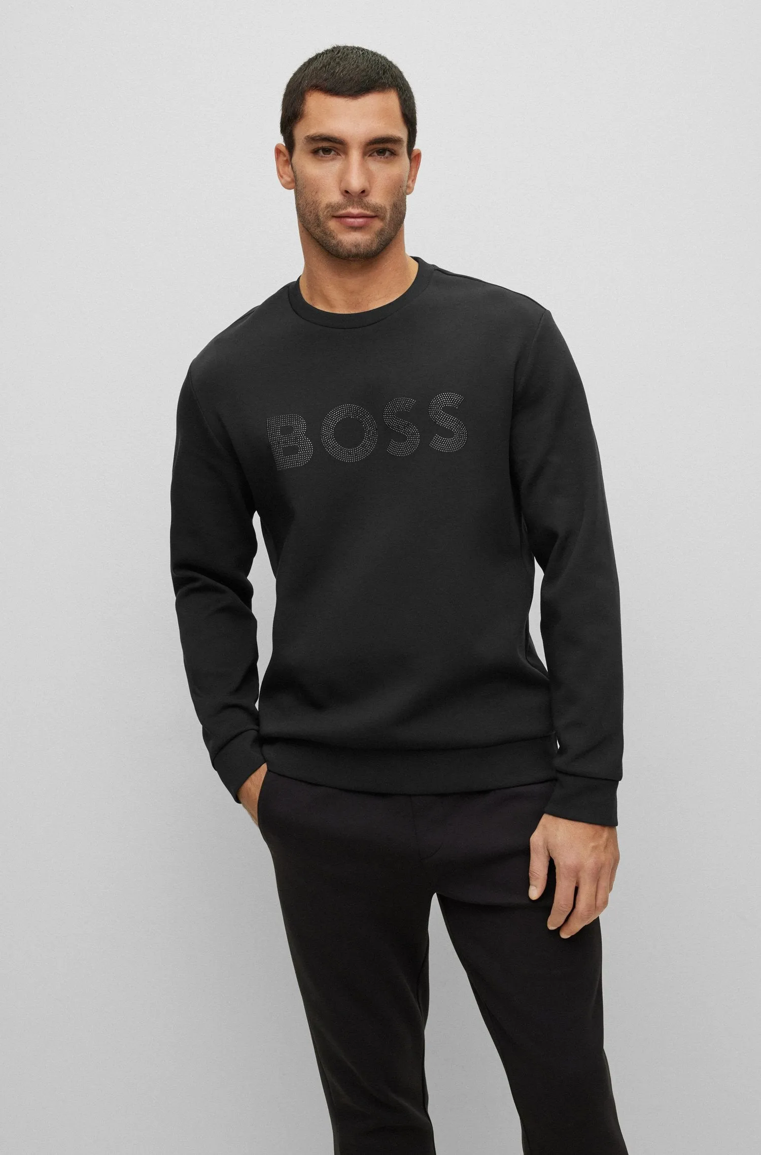 Boss Cotton-Blend Rhinestone Logo Sweatshirt - Black