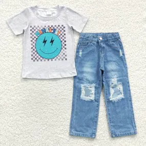 boys smile face T-shirts jeans sets BSPO0117