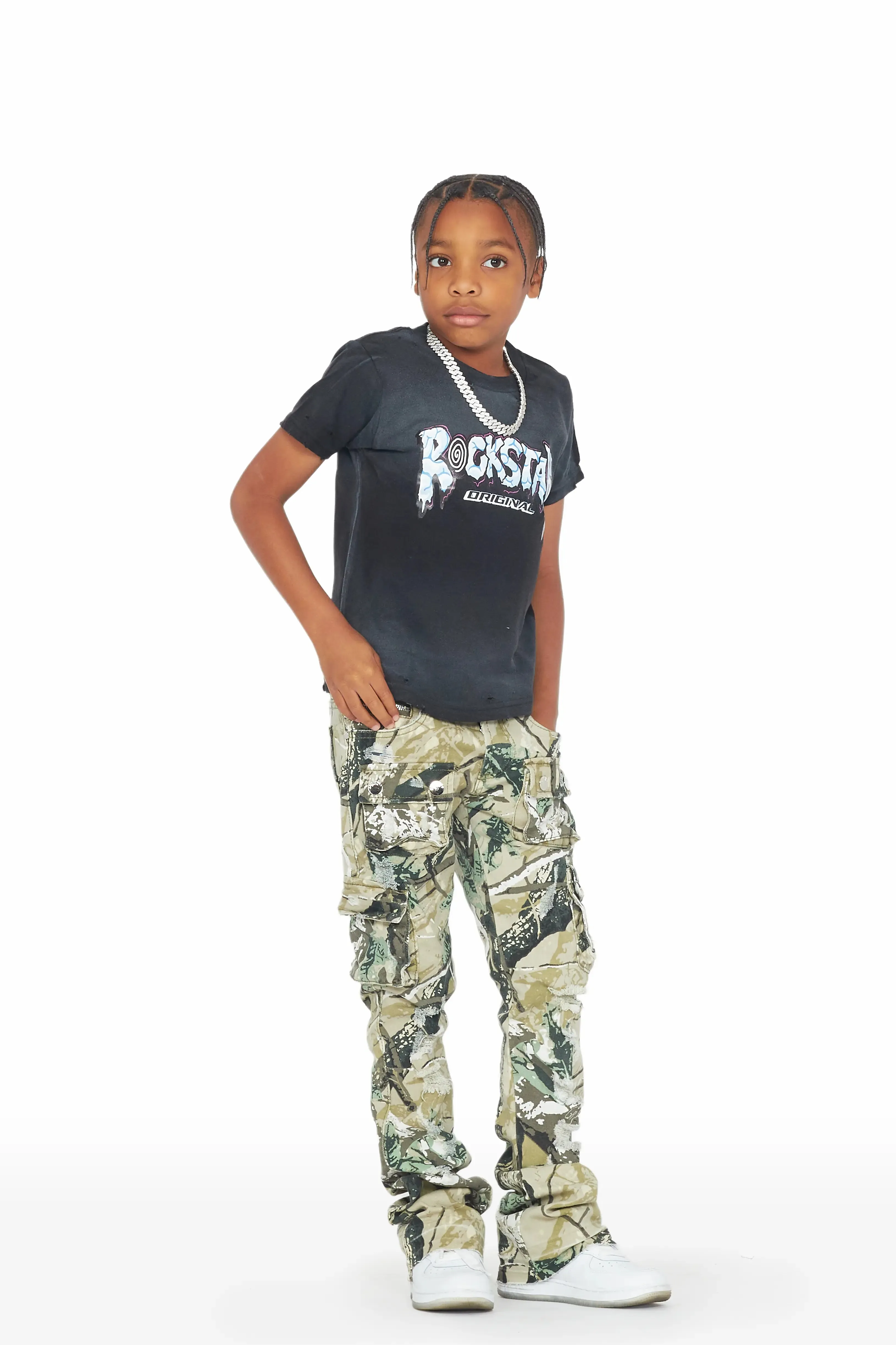 Boys Zaire Tree Camo Cargo Super Stacked Flare Jean