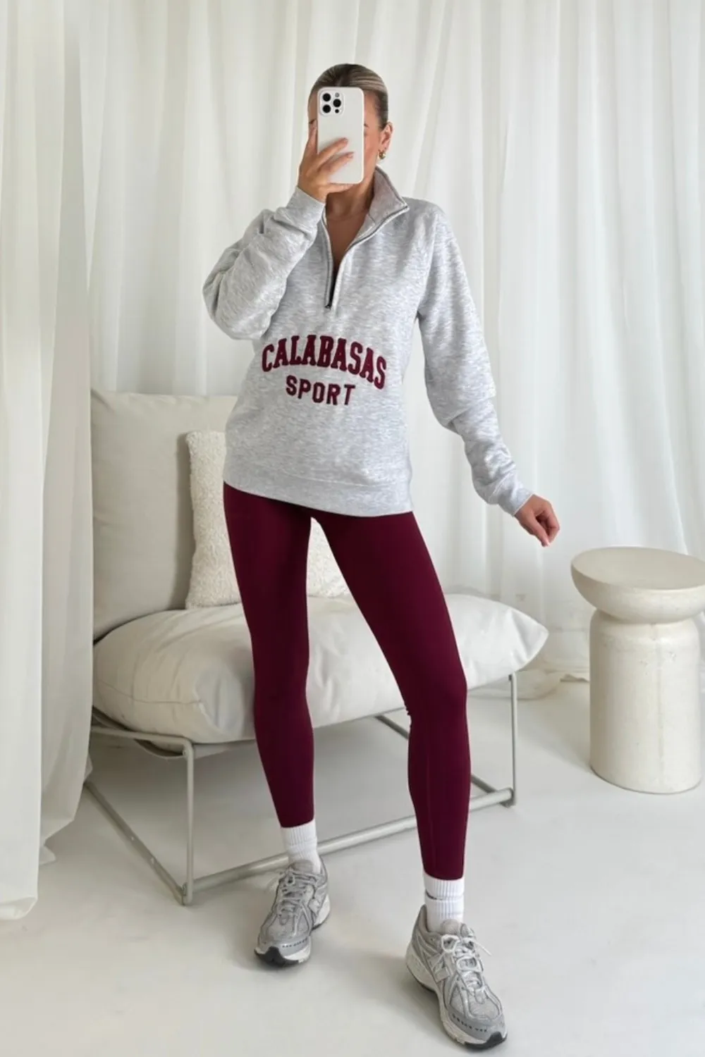 Calabasas marl grey and burgundy embroidered 3/4 sweater and legging set