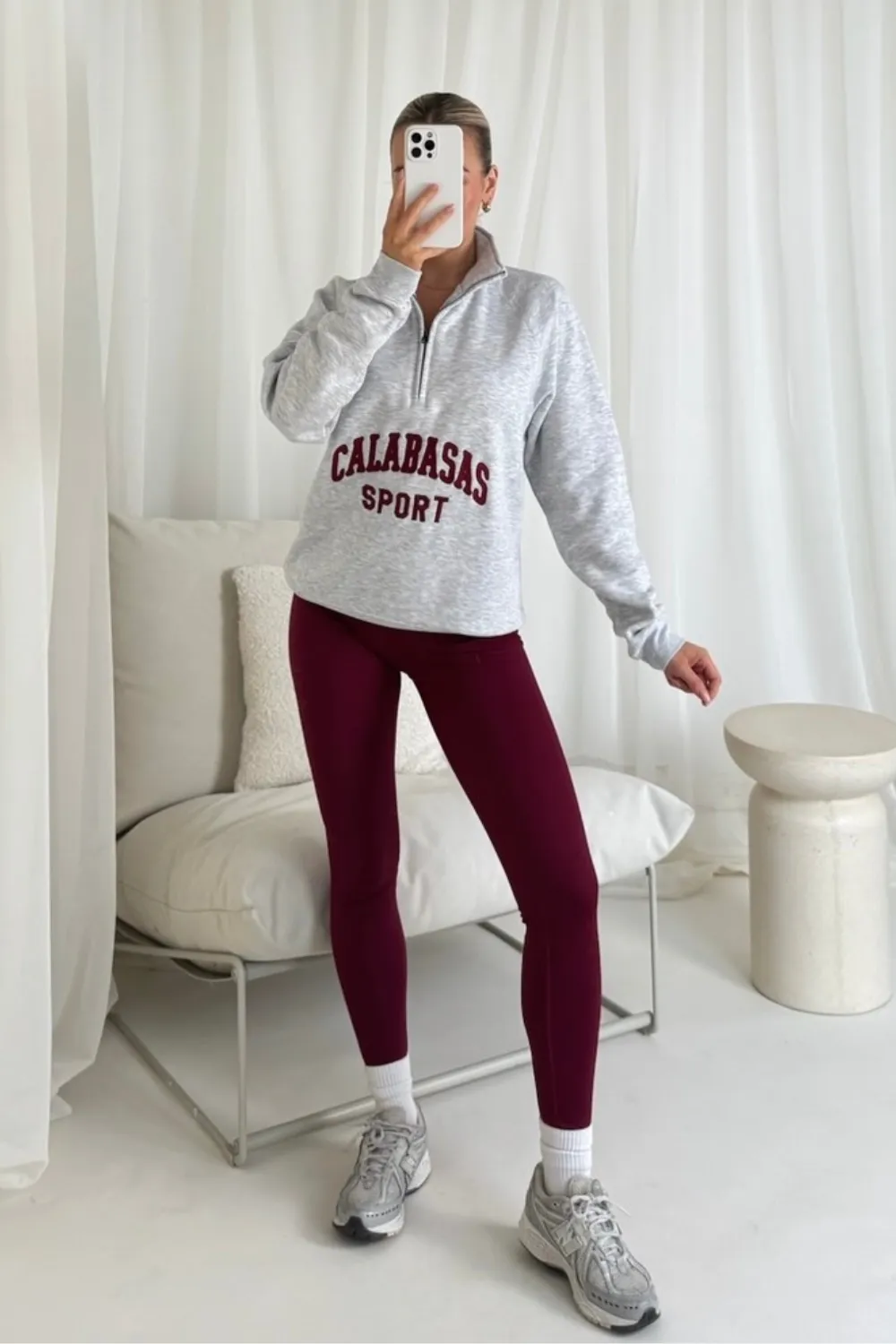 Calabasas marl grey and burgundy embroidered 3/4 sweater and legging set