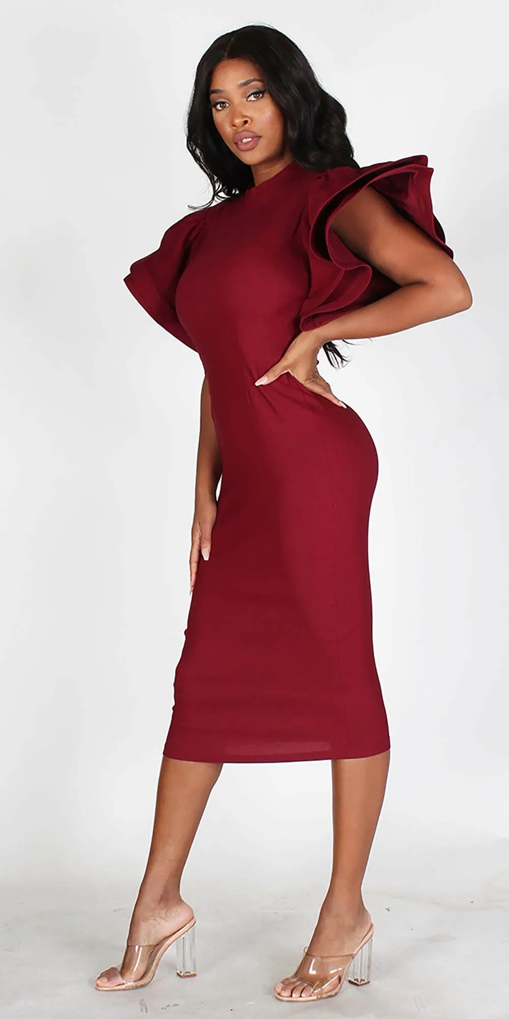 Callimoda EI1853 Wine - Knit Tiered Sleeve Dress