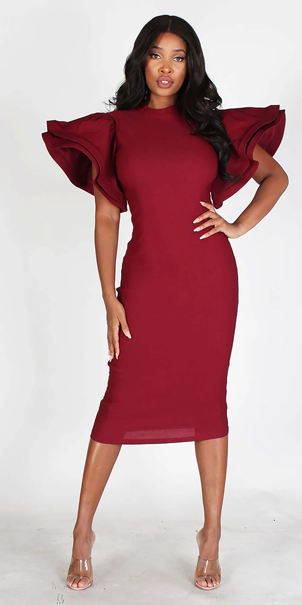 Callimoda EI1853 Wine - Knit Tiered Sleeve Dress