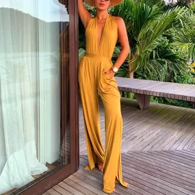 Candy Color V-neck Wide Leg Jumpsuit