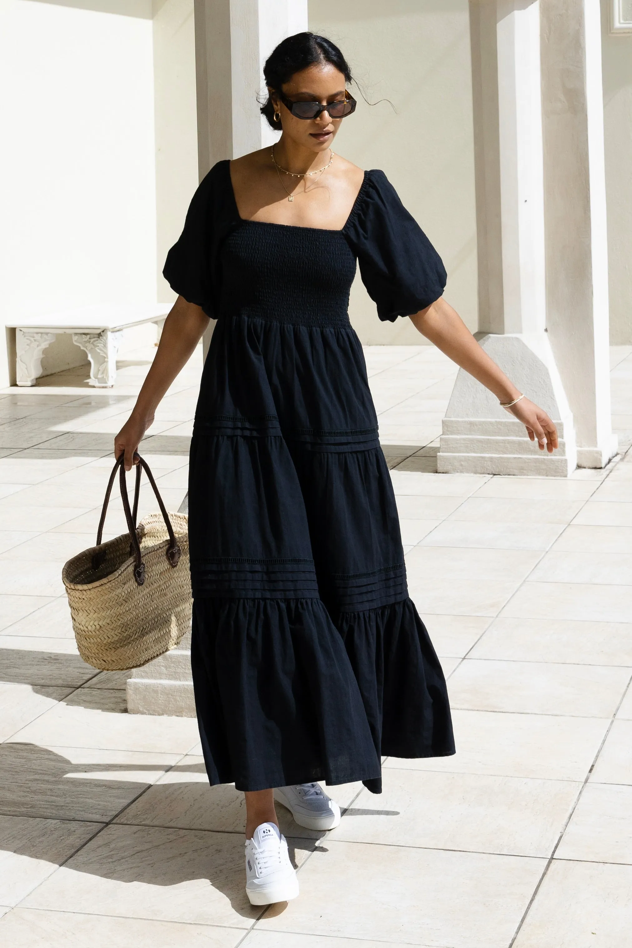 Captivate Black Cotton Puff Sleeve Tiered Midi Dress