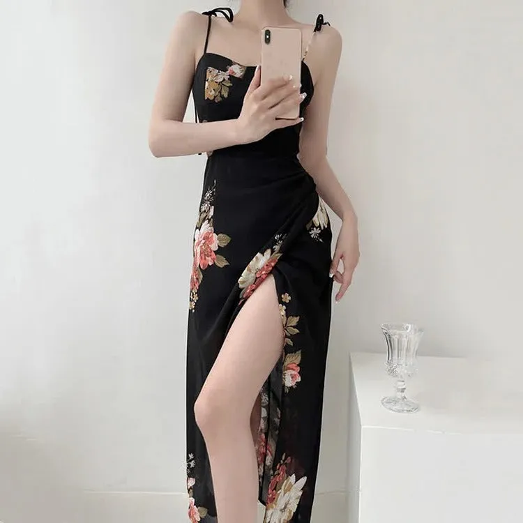 Captivating Vintage Floral Print Lace Up Split Slip Dress