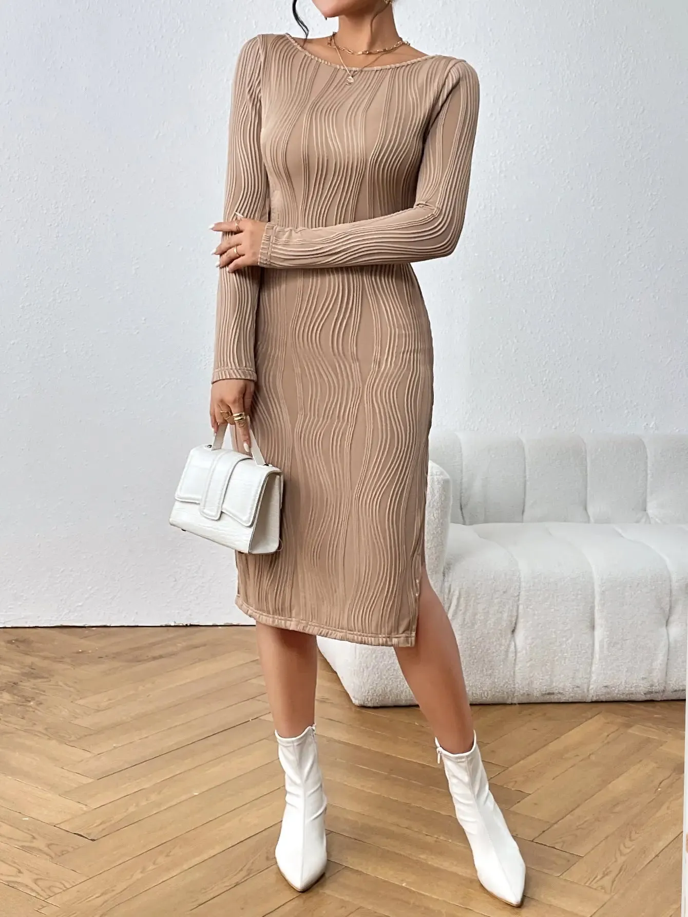 Caramel Ribbed Long Sleeve Midi Dress