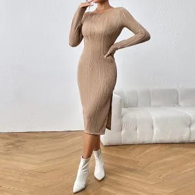 Caramel Ribbed Long Sleeve Midi Dress