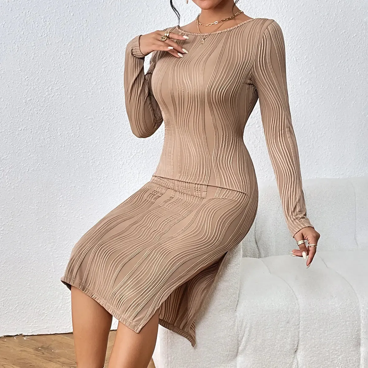 Caramel Ribbed Long Sleeve Midi Dress