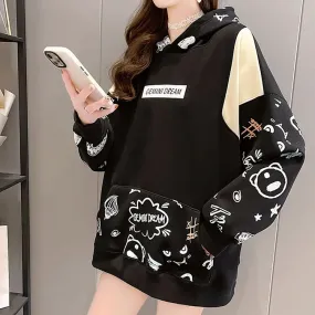 Cartoon Letter Print Colorblock Sweatshirt Hoodie