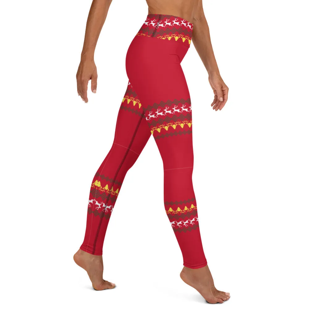 Christmas Red Reindeer Yoga Leggings, Christmas Leggings For Women-Made in USA/EU/MX