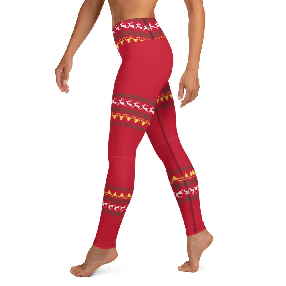 Christmas Red Reindeer Yoga Leggings, Christmas Leggings For Women-Made in USA/EU/MX