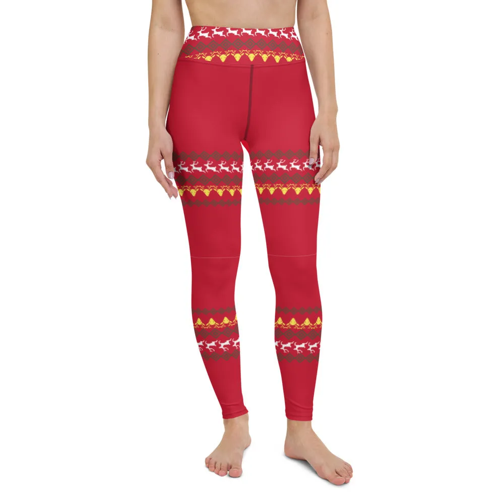 Christmas Red Reindeer Yoga Leggings, Christmas Leggings For Women-Made in USA/EU/MX