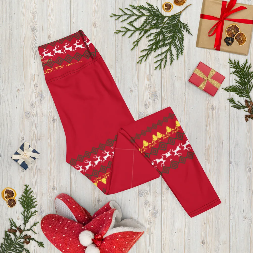 Christmas Red Reindeer Yoga Leggings, Christmas Leggings For Women-Made in USA/EU/MX