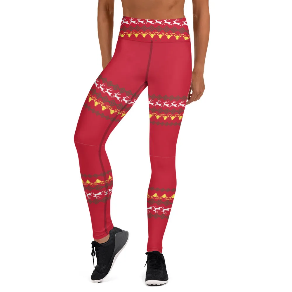 Christmas Red Reindeer Yoga Leggings, Christmas Leggings For Women-Made in USA/EU/MX