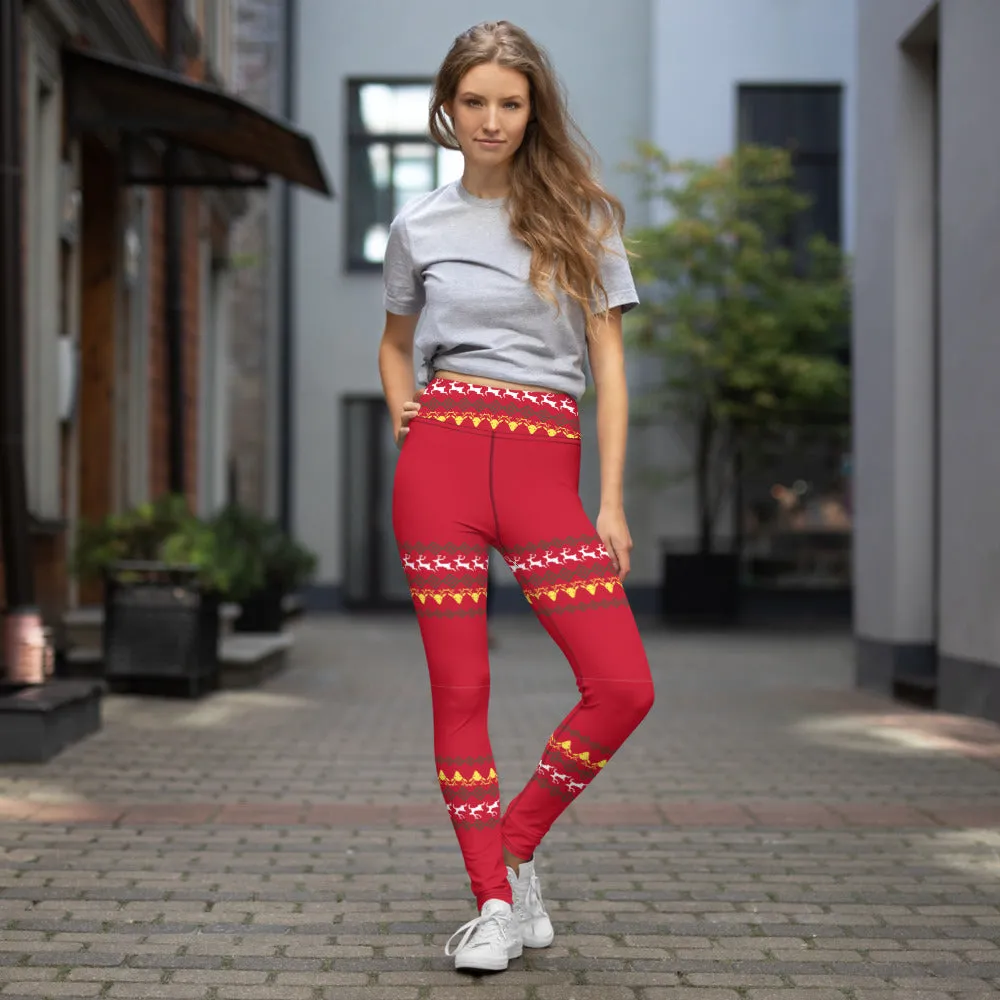 Christmas Red Reindeer Yoga Leggings, Christmas Leggings For Women-Made in USA/EU/MX