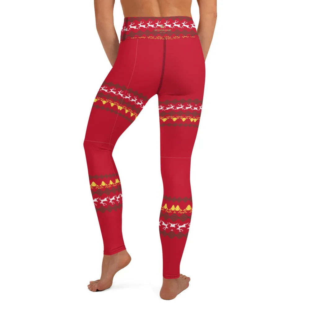 Christmas Red Reindeer Yoga Leggings, Christmas Leggings For Women-Made in USA/EU/MX