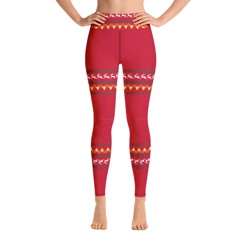 Christmas Red Reindeer Yoga Leggings, Christmas Leggings For Women-Made in USA/EU/MX